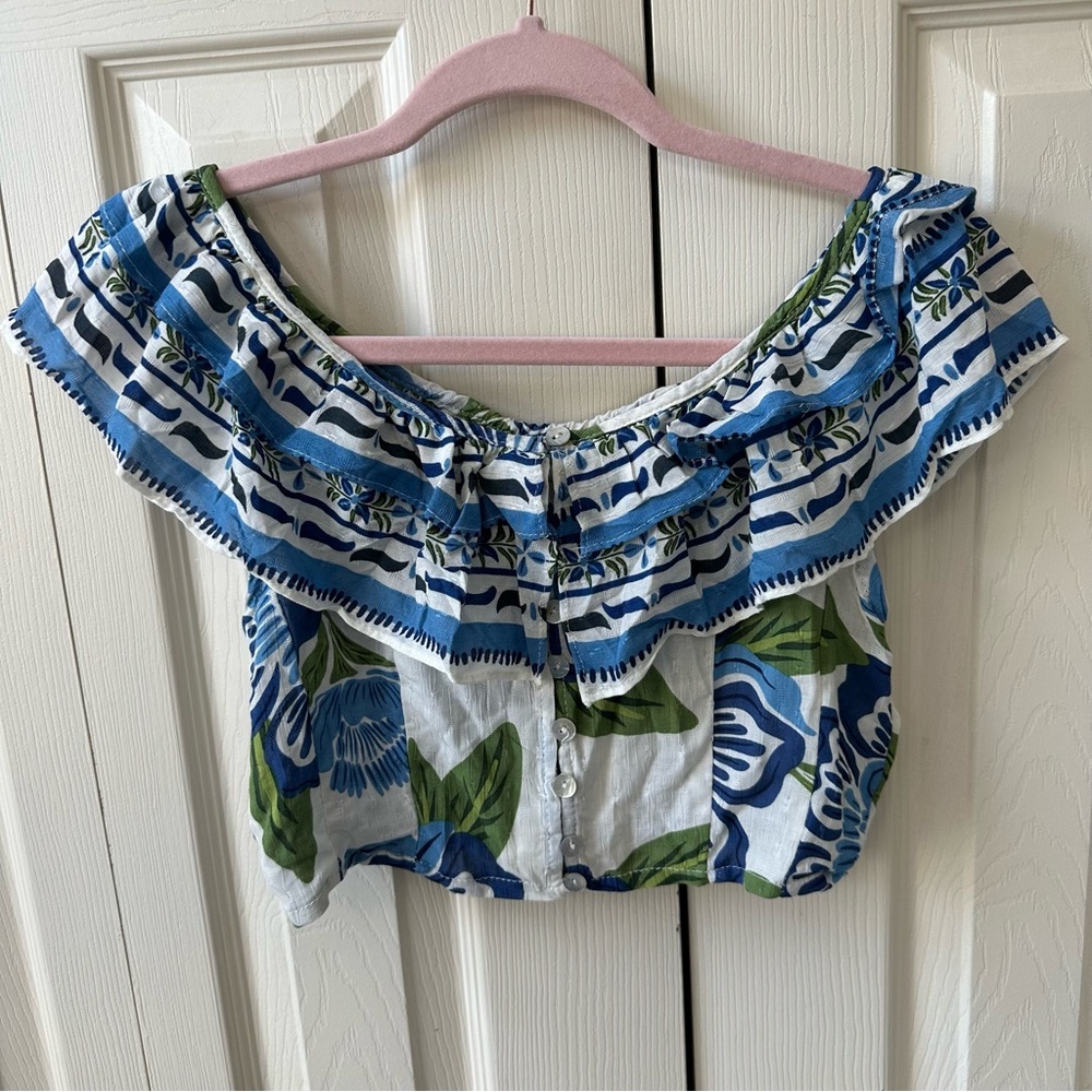 Rachel Zoe Cropped Ruffled Button Down Tropical Print Crop Top Womens Size XS